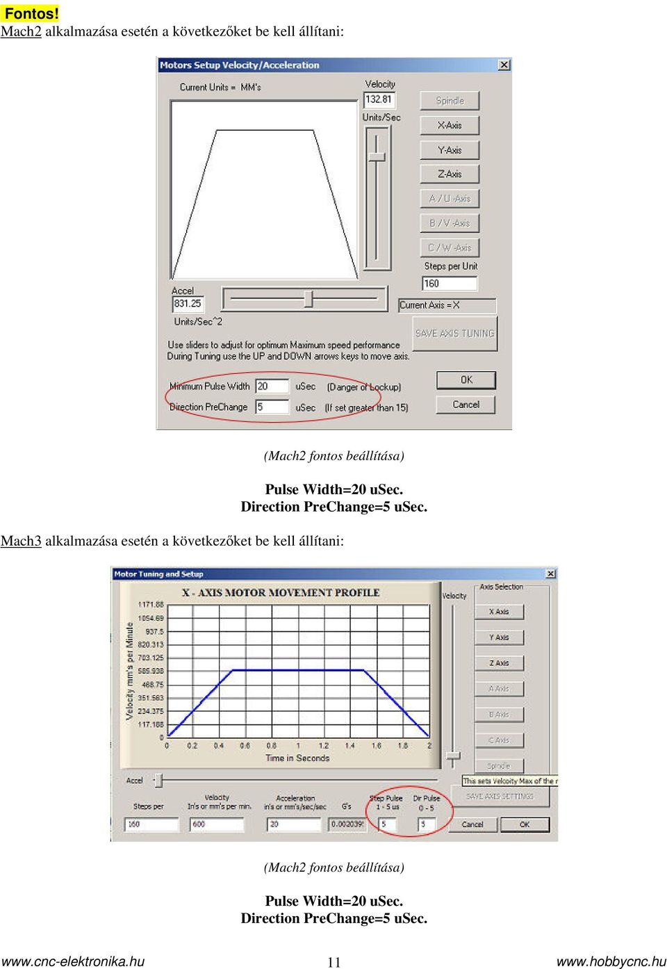 fontos beállítása) Pulse Width=20 usec. Direction PreChange=5 usec.