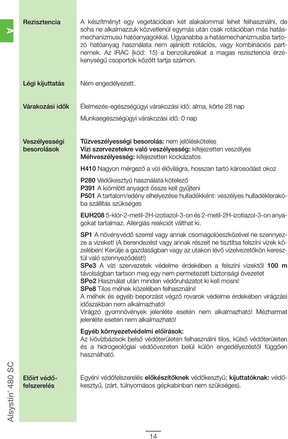 Az IRAC (kód: 15) a benzoilureákat a magas rezisztencia érzékenységű csoportok között tartja számon. Légi kijuttatás Nem engedélyezett.