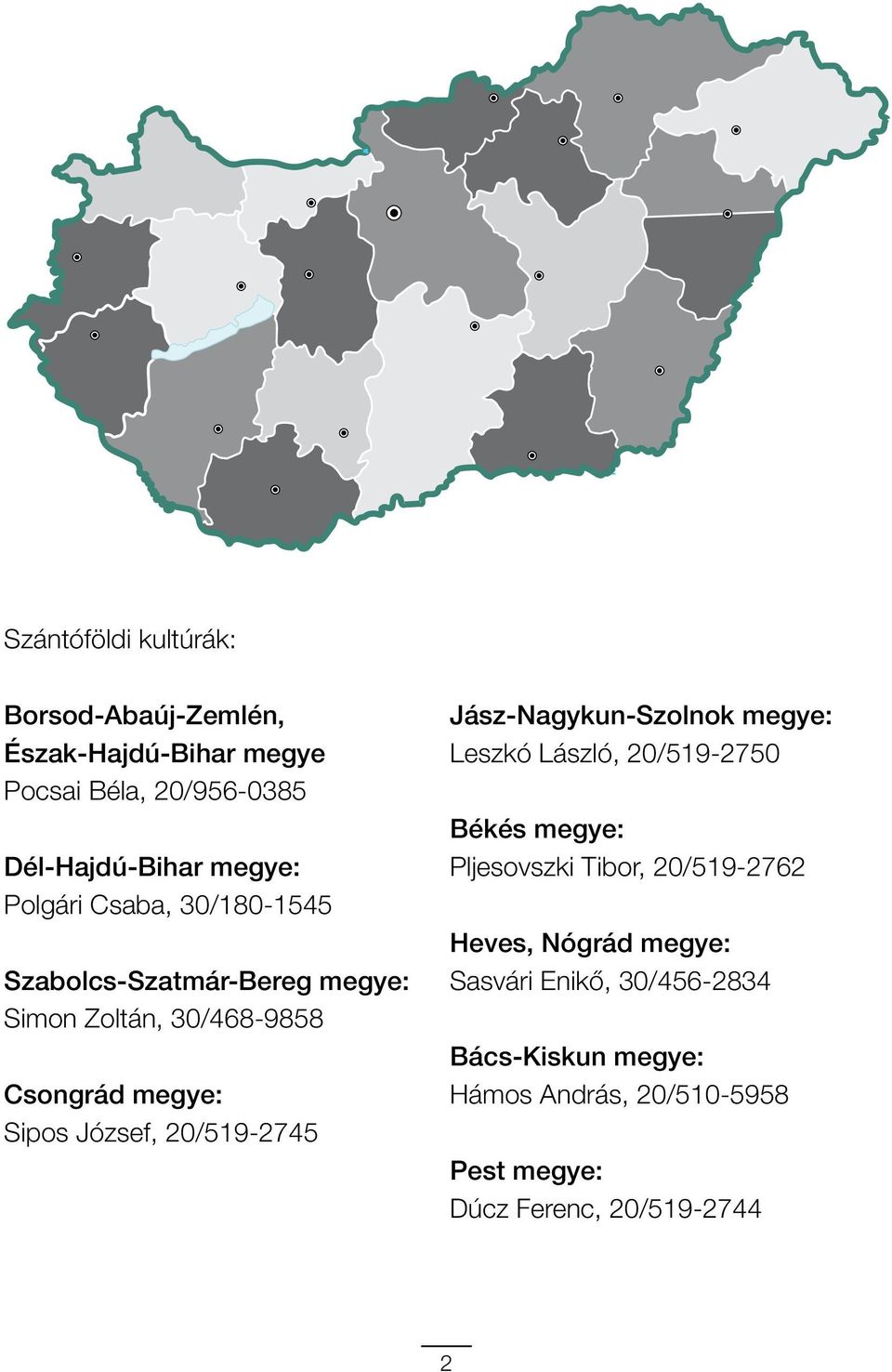 20/519-2745 Jász-Nagykun-Szolnok megye: Leszkó László, 20/519-2750 Békés megye: Pljesovszki Tibor, 20/519-2762 Heves,