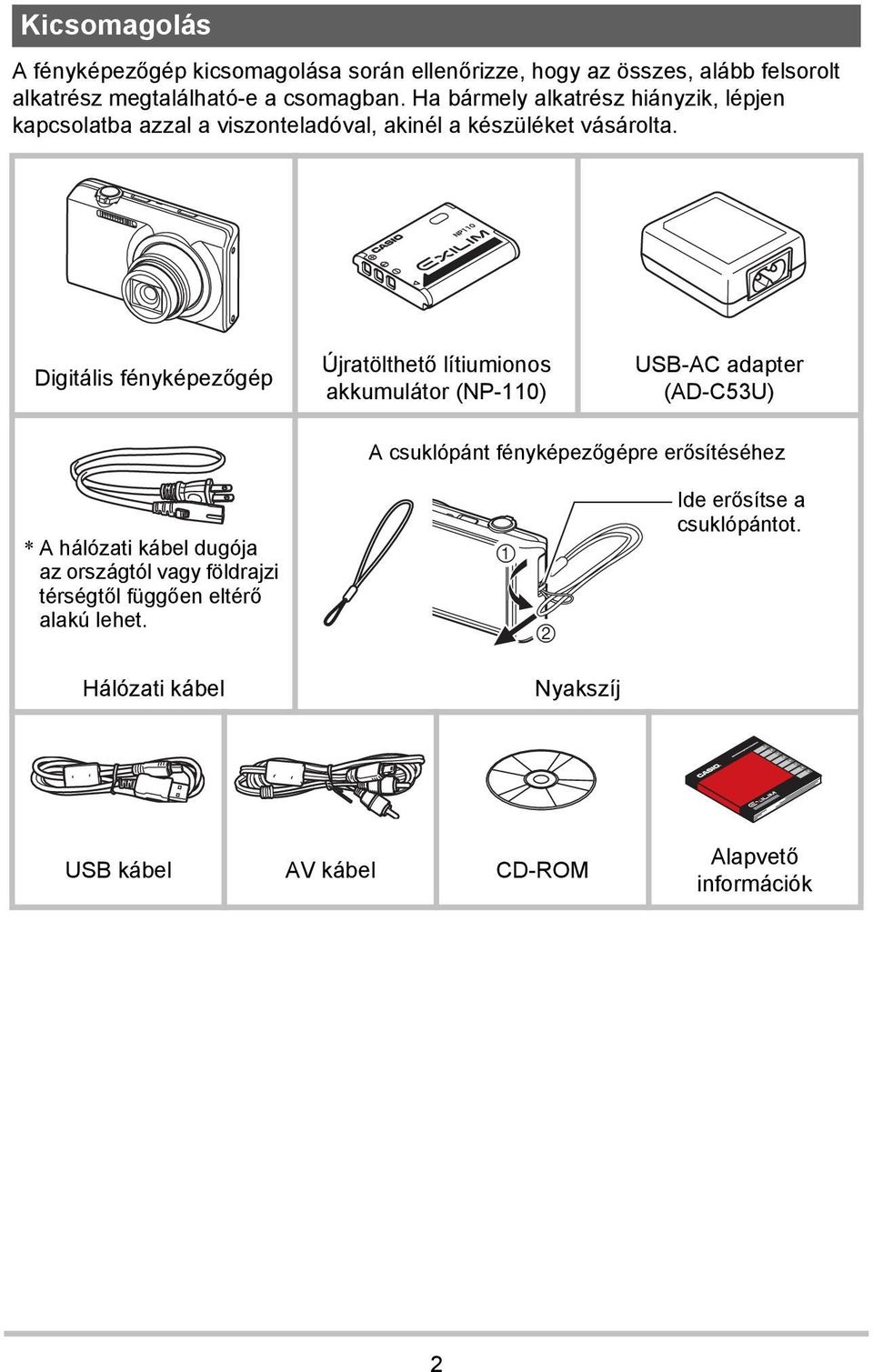 Digitális fényképezőgép Újratölthető lítiumionos akkumulátor (NP-110) USB-AC adapter (AD-C53U) A csuklópánt fényképezőgépre erősítéséhez * A