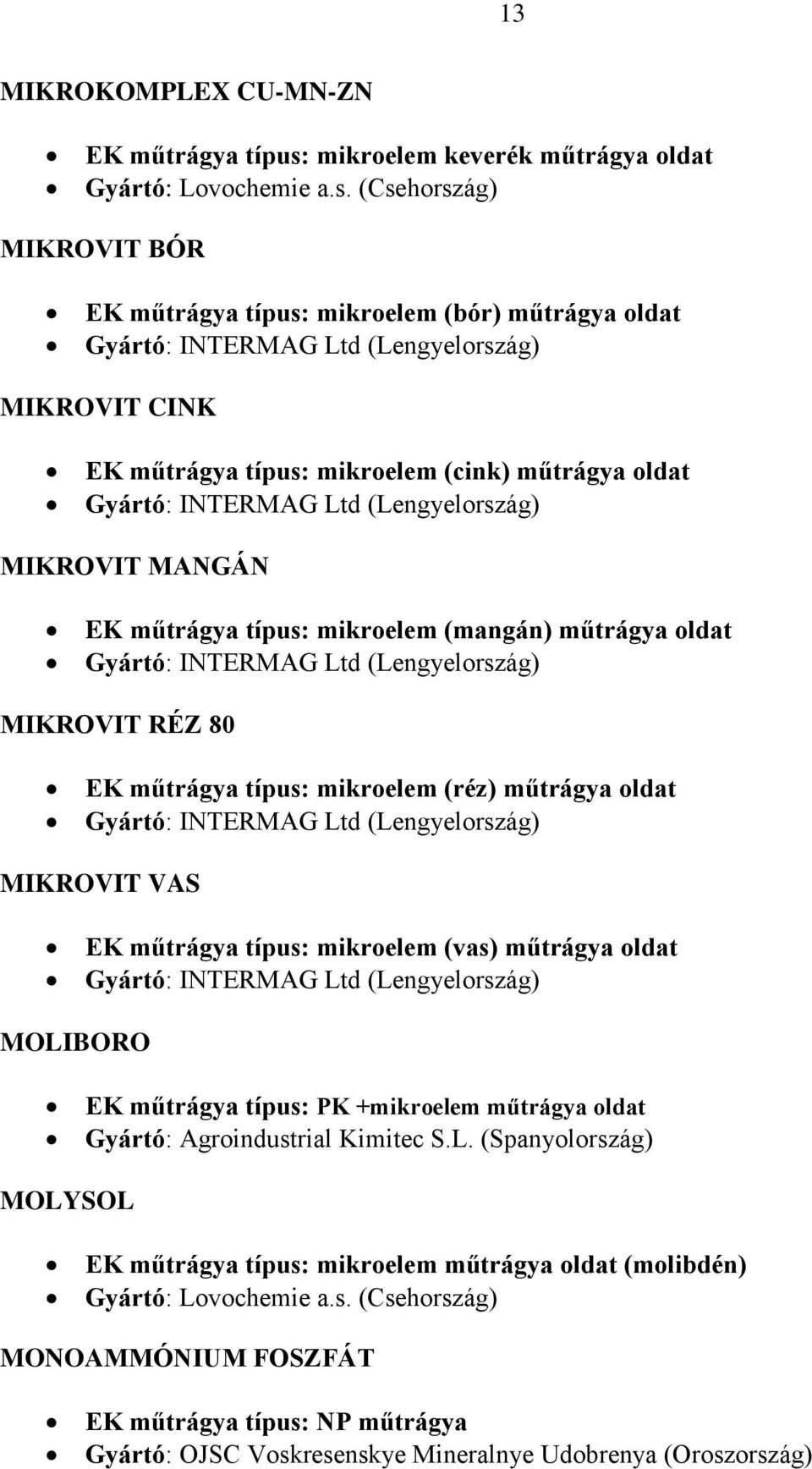 (Csehország) MIKROVIT BÓR EK műtrágya típus: mikroelem (bór) műtrágya oldat MIKROVIT CINK EK műtrágya típus: mikroelem (cink) műtrágya oldat MIKROVIT MANGÁN EK műtrágya típus: mikroelem