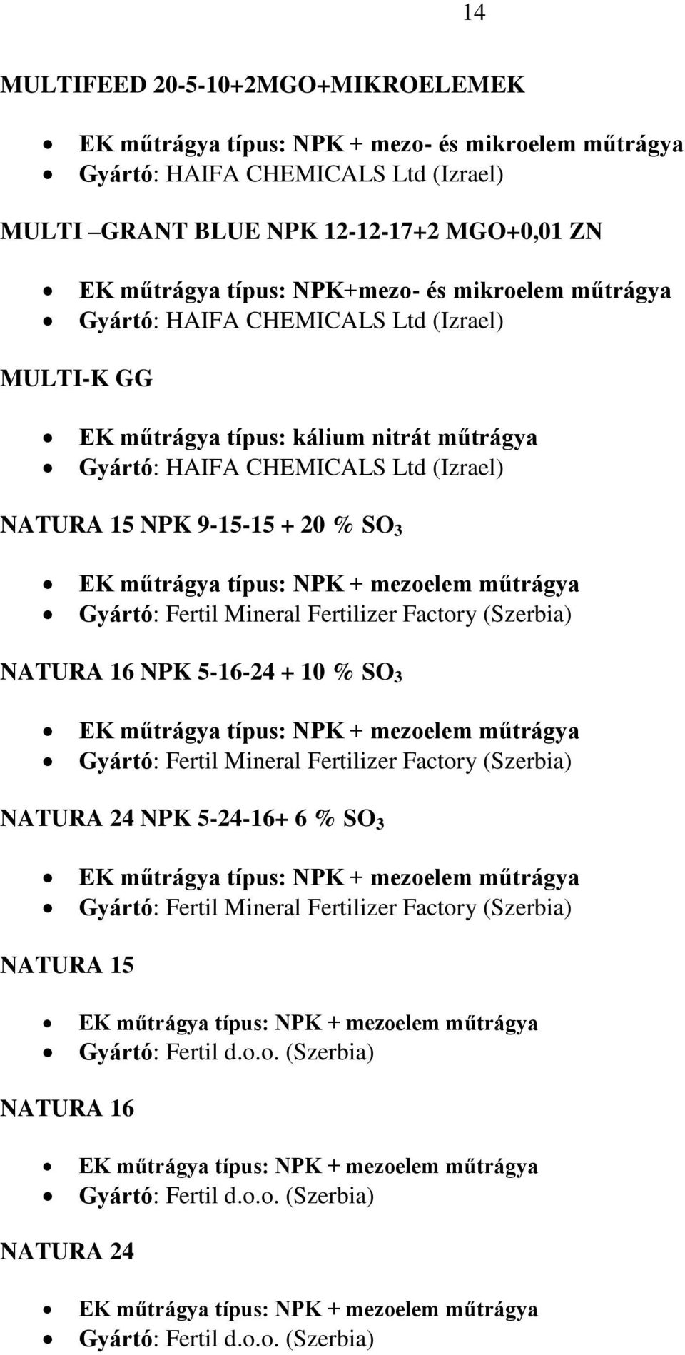 3 EK műtrágya típus: NPK + mezoelem műtrágya Gyártó: Fertil Mineral Fertilizer Factory (Szerbia) NATURA 24 NPK 5-24-16+ 6 % SO 3 EK műtrágya típus: NPK + mezoelem műtrágya Gyártó: Fertil Mineral