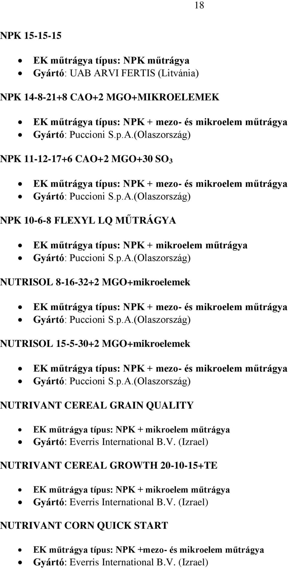 p.A.(Olaszország) NUTRISOL 15-5-30+2 MGO+mikroelemek EK műtrágya típus: NPK + mezo- és mikroelem műtrágya Gyártó: Puccioni S.p.A.(Olaszország) NUTRIVANT CEREAL GRAIN QUALITY EK műtrágya típus: NPK + mikroelem műtrágya NUTRIVANT CEREAL GROWTH 20-10-15+TE EK műtrágya típus: NPK + mikroelem műtrágya NUTRIVANT CORN QUICK START