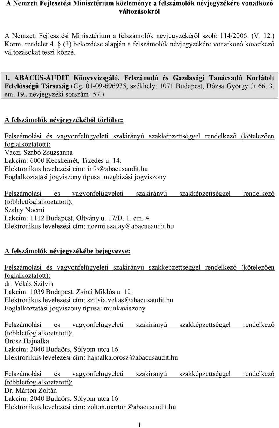 ABACUS-AUDIT Könyvvizsgáló, Felszámoló és Gazdasági Tanácsadó Korlátolt Felelősségű Társaság (Cg. 01-09-696975, székhely: 1071 Budapest, Dózsa György út 66. 3. em. 19., névjegyzéki sorszám: 57.