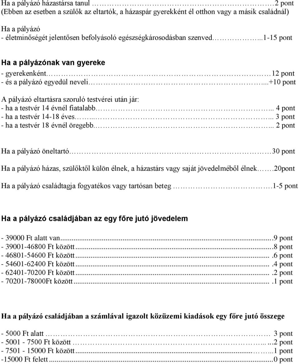 ..1-15 pont Ha a pályázónak van gyereke - gyerekenként 12 pont - és a pályázó egyedül neveli...+10 pont A pályázó eltartásra szoruló testvérei után jár: - ha a testvér 14 évnél fiatalabb.