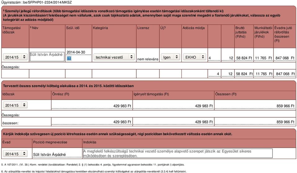 Adózás módja Bruttó juttatás (Ft/hó) Munkáltatói járulékok (Ft/hó) Évadra jutó ráfordítás összesen (Ft) Süli István Árpádné 2014-04-30 technikai vezető nem releváns Igen EKHO 4 12 58 824 Ft 11 765 Ft