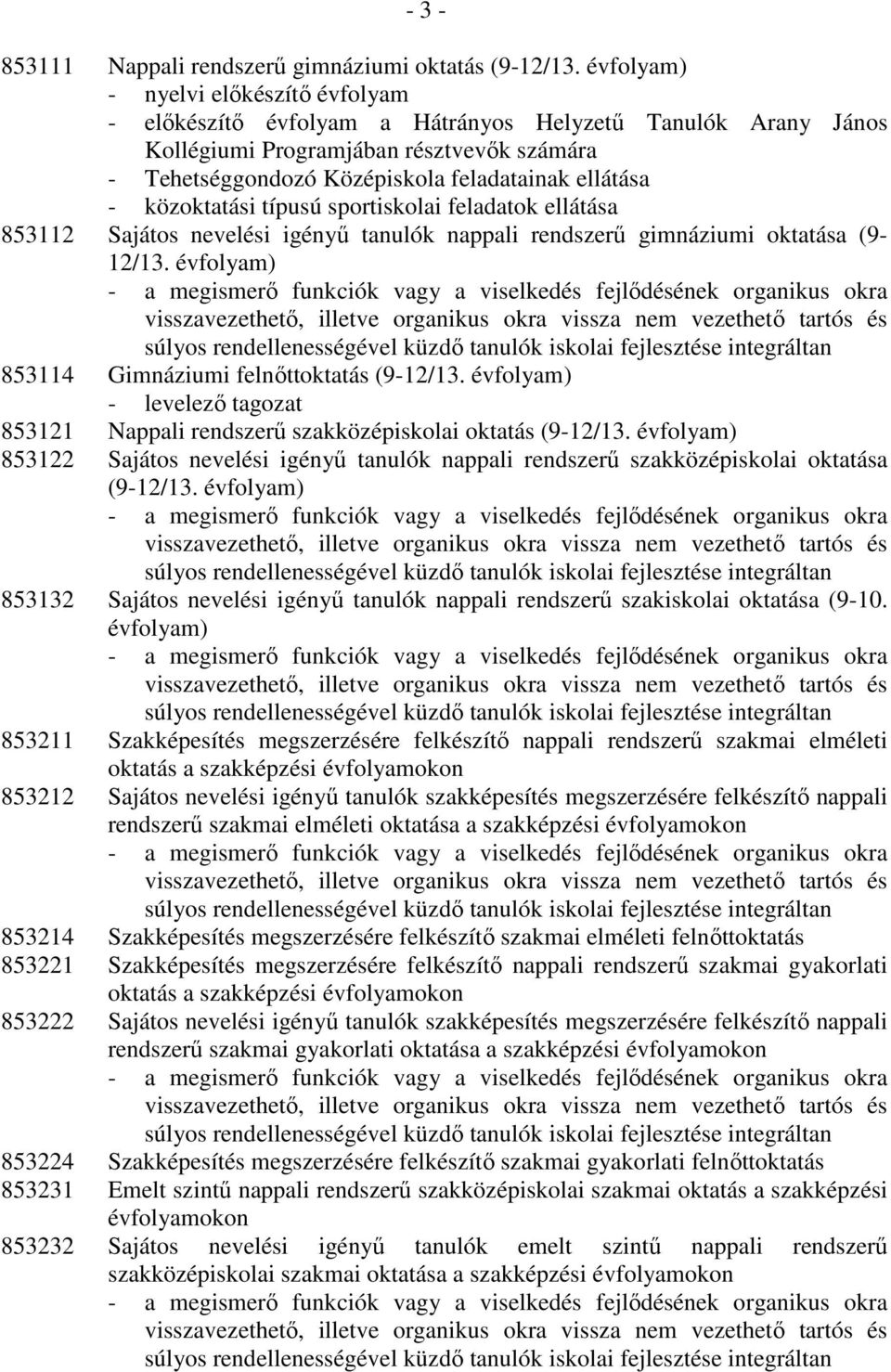 közoktatási típusú sportiskolai feladatok ellátása 853112 Sajátos nevelési igényő tanulók nappali rendszerő gimnáziumi oktatása (9-12/13. évfolyam) 853114 Gimnáziumi felnıttoktatás (9-12/13.