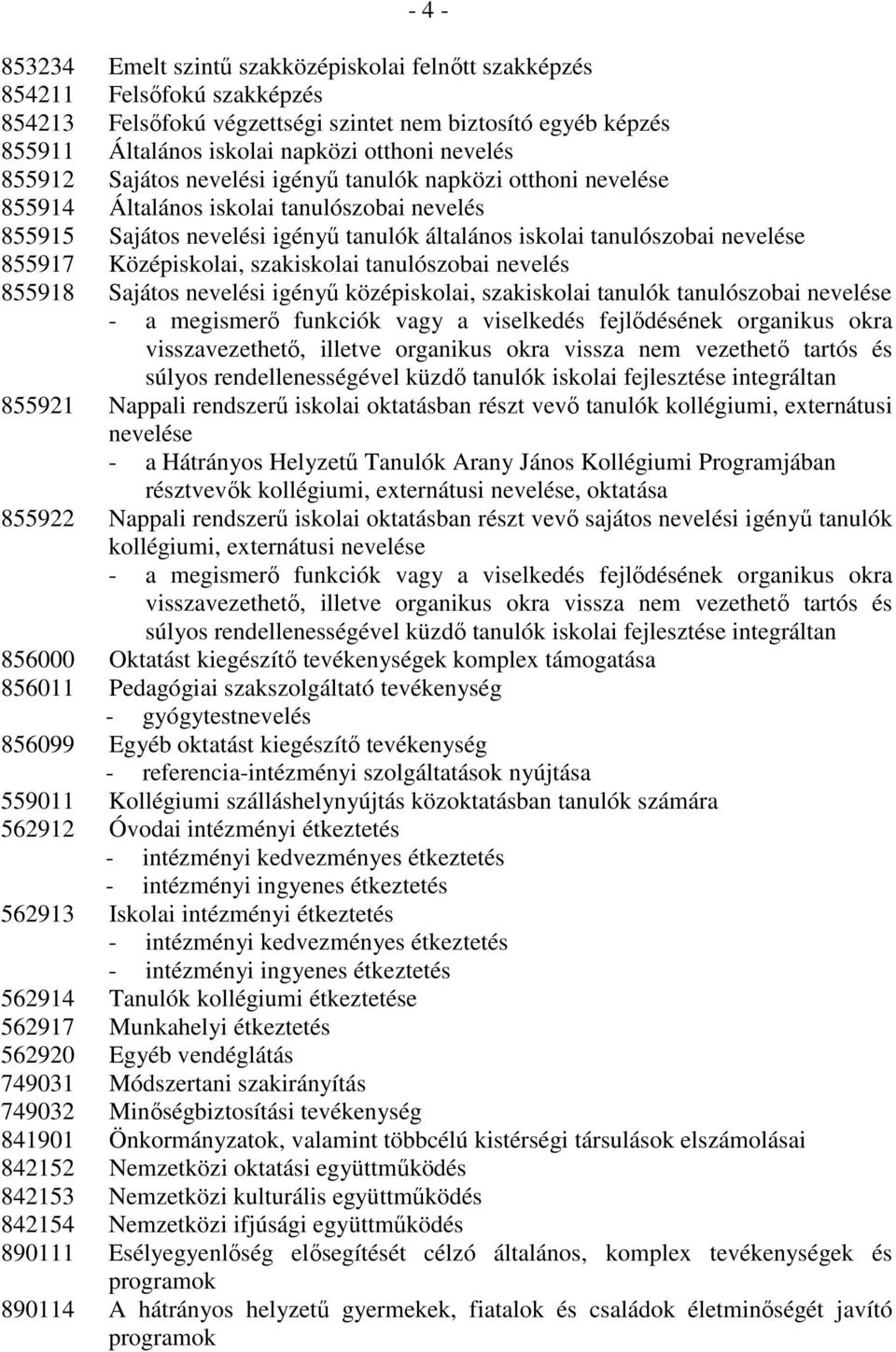 855917 Középiskolai, szakiskolai tanulószobai nevelés 855918 Sajátos nevelési igényő középiskolai, szakiskolai tanulók tanulószobai nevelése 855921 Nappali rendszerő iskolai oktatásban részt vevı