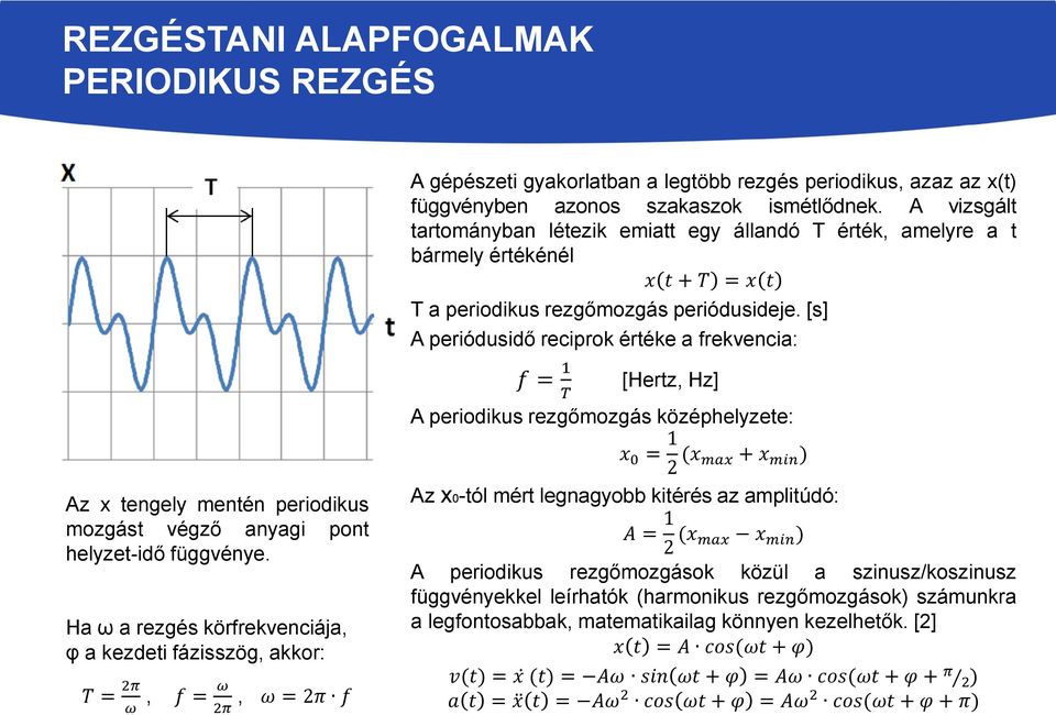 [s] A periódusidő reciprok értéke a frekvencia: f = 1 [Hertz, Hz] T A periodikus rezgőmozgás középhelyzete: x 0 = 1 2 (x max + x min ) Az x tengely mentén periodikus mozgást végző anyagi pont