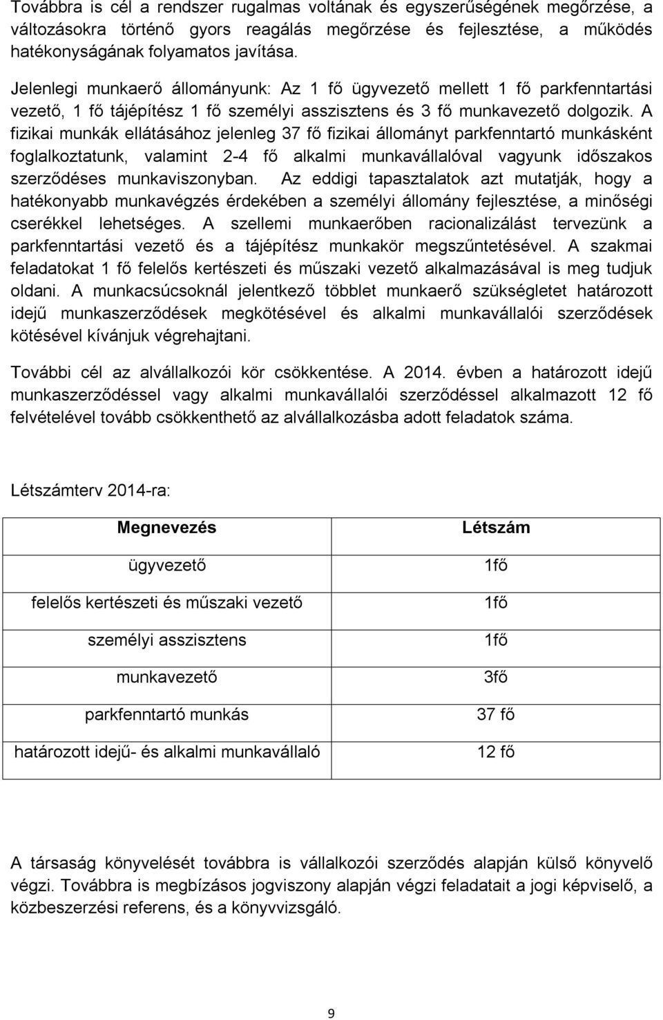 A fizikai munkák ellátásához jelenleg 37 fő fizikai állományt parkfenntartó munkásként foglalkoztatunk, valamint 2-4 fő alkalmi munkavállalóval vagyunk időszakos szerződéses munkaviszonyban.