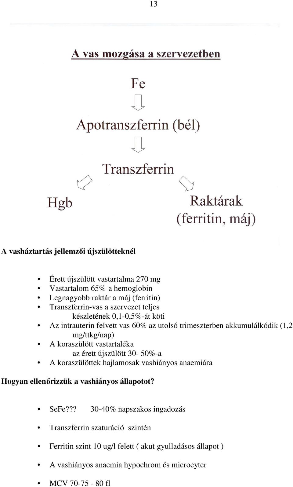 koraszülött vastartaléka az érett újszülött 30-50%-a A koraszülöttek hajlamosak vashiányos anaemiára Hogyan ellenırizzük a vashiányos állapotot? SeFe?