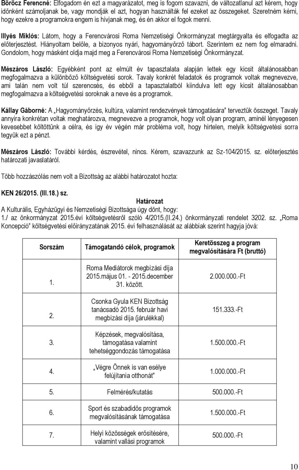 Illyés Miklós: Látom, hogy a Ferencvárosi Roma Nemzetiségi Önkormányzat megtárgyalta és elfogadta az előterjesztést. Hiányoltam belőle, a bizonyos nyári, hagyományőrző tábort.