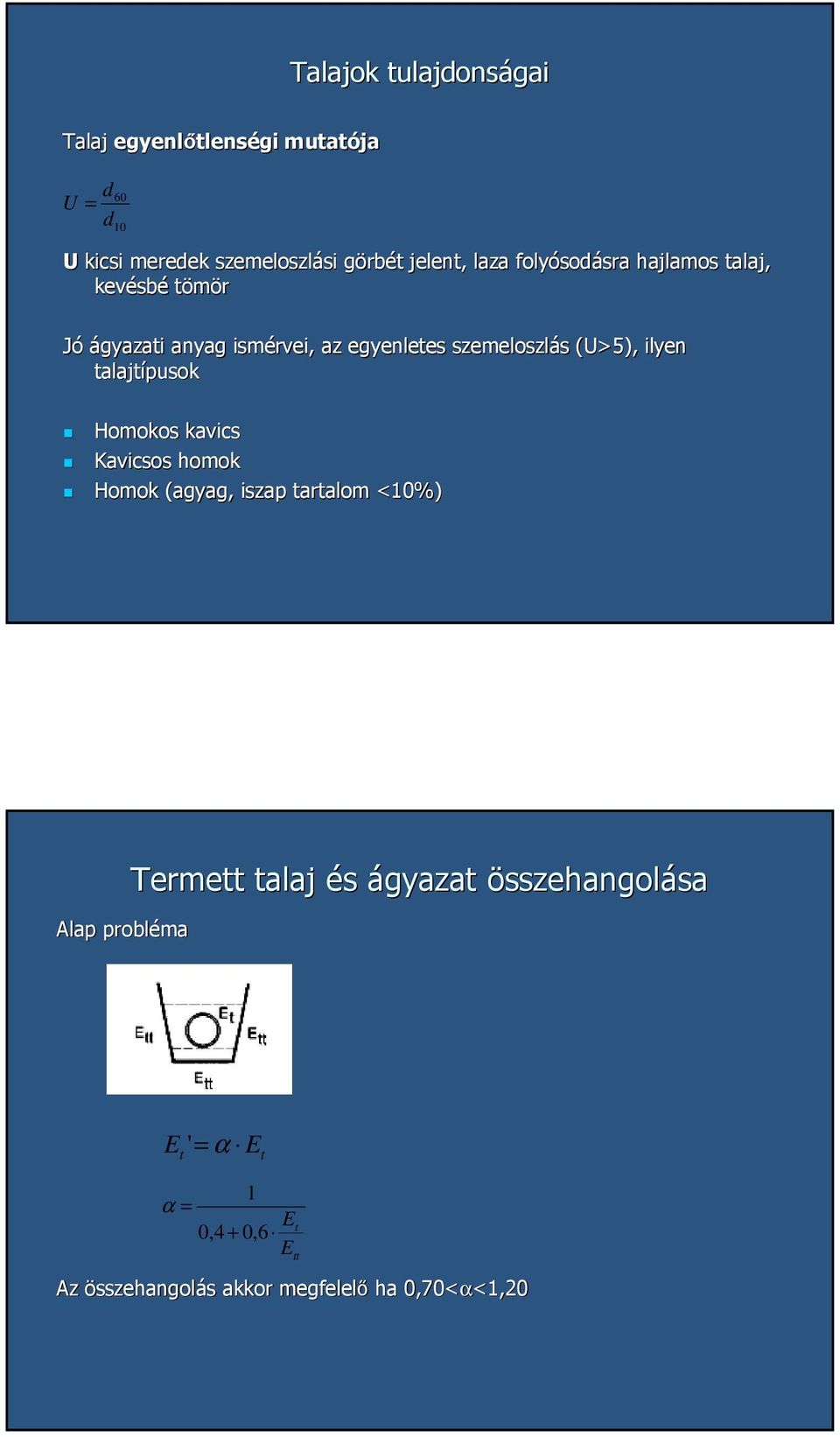 szemeloszlás s (U>5), ilyen talajtípusok Homokos kavics Kavicsos homok Homok (agyag, iszap tartalom <10%) Alap probléma