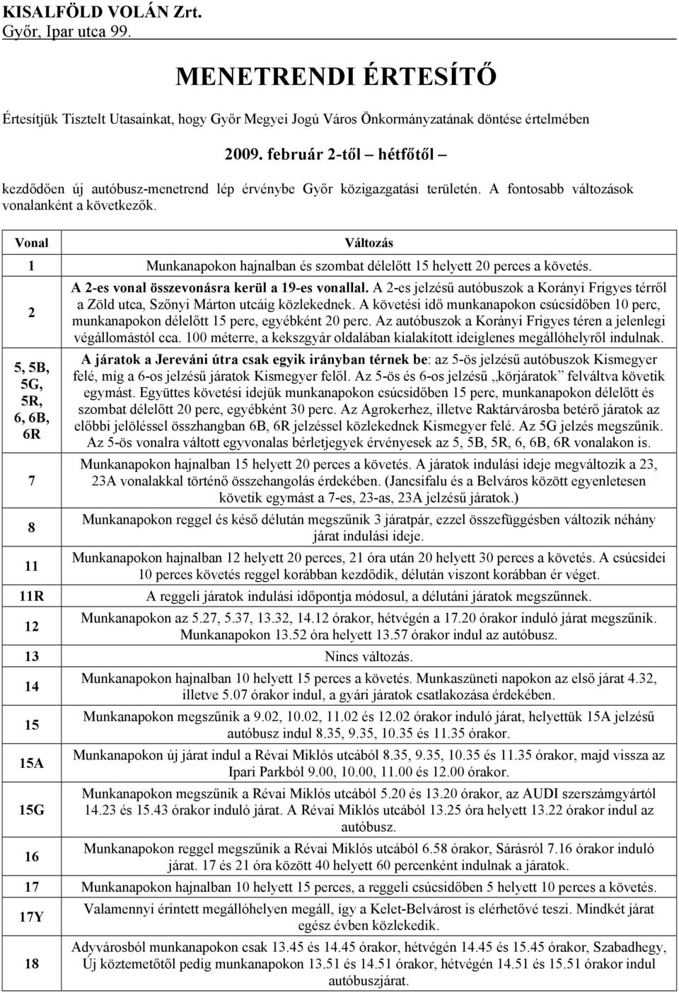 Vonal Változás 1 Munkanapokon hajnalban és szombat délelőtt 15 helyett 20 perces a követés. 2 5, 5B, 5G, 5R, 6, 6B, 6R 7 8 11 11R A 2-es vonal összevonásra kerül a 19-es vonallal.