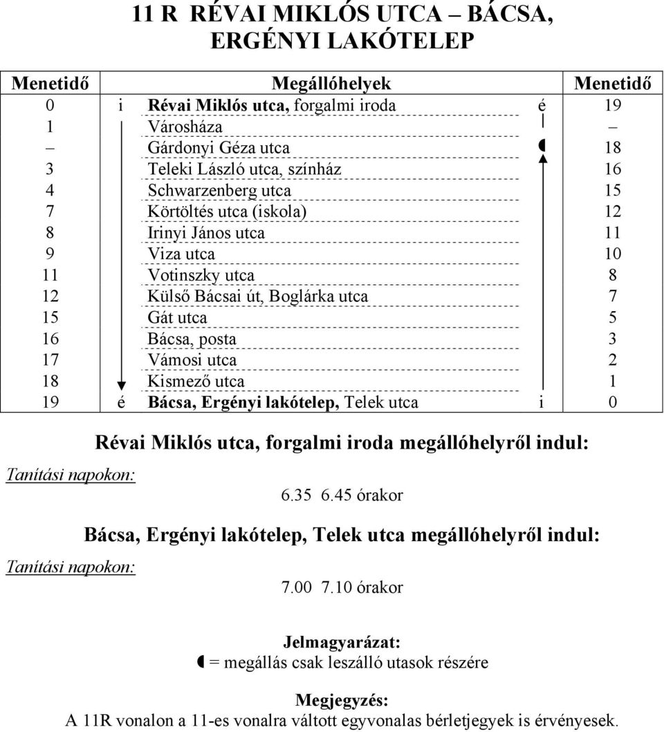 posta 3 17 Vámosi utca 2 18 Kismező utca 1 19 é Bácsa, Ergényi lakótelep, Telek utca i 0 Tanítási napokon: Tanítási napokon: 6.35 6.