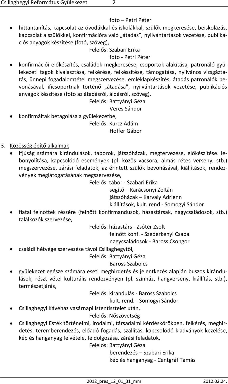 gyülekezeti tagok kiválasztása, felkérése, felkészítése, támogatása, nyilvános vizsgáztatás, ünnepi fogadalomtétel megszervezése, emléklapkészítés, átadás patronálók bevonásával, ificsoportnak