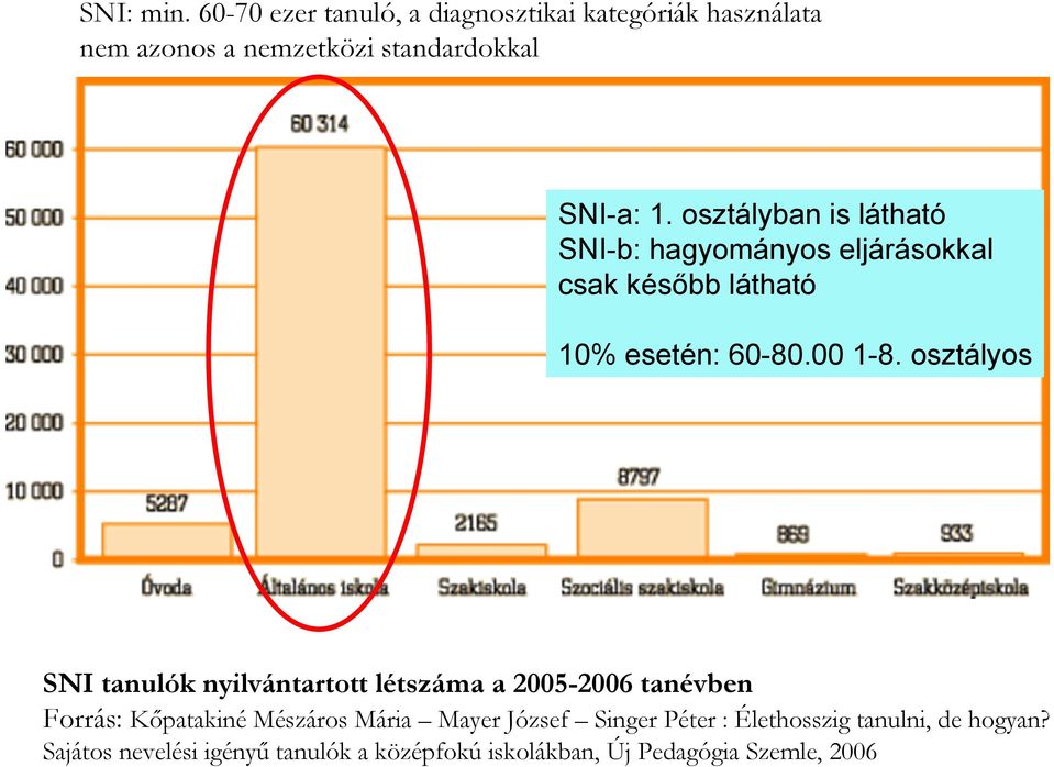 osztályos SNI tanulók nyilvántartott létszáma a 2005-2006 tanévben Forrás: Kőpatakiné Mészáros Mária Mayer József