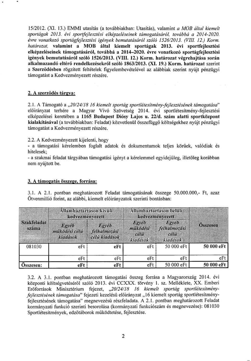 évi sportfejlesztési elképzeléseinek támogatásáról, továbbá a 2014-2020. évre vonatkozó sportágfejlesztési igények bemutatásáról szóló 1526/2013. (VIII. 12.) Korm.