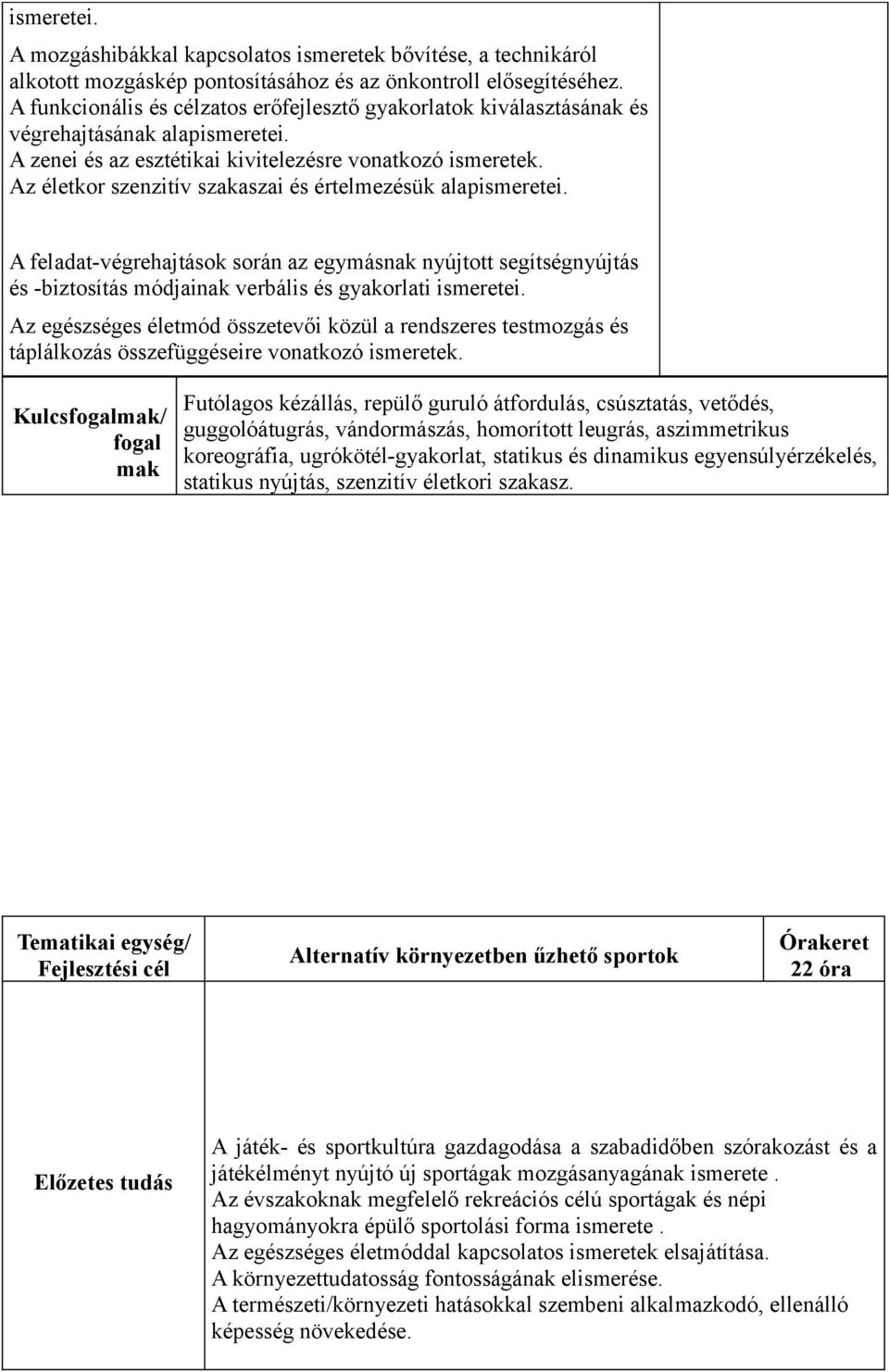 Az életkor szenzitív szakaszai és értelmezésük alapismeretei. A feladat-végrehajtások során az egymásnak nyújtott segítségnyújtás és -biztosítás módjainak verbális és gyakorlati ismeretei.