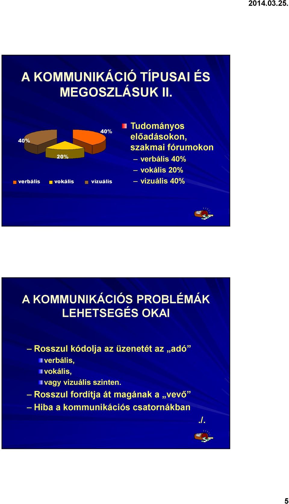 verbális 40% vokális 20% vizuális 40% A KOMMUNIKÁCIÓS PROBLÉMÁK LEHETSEGÉS OKAI Rosszul