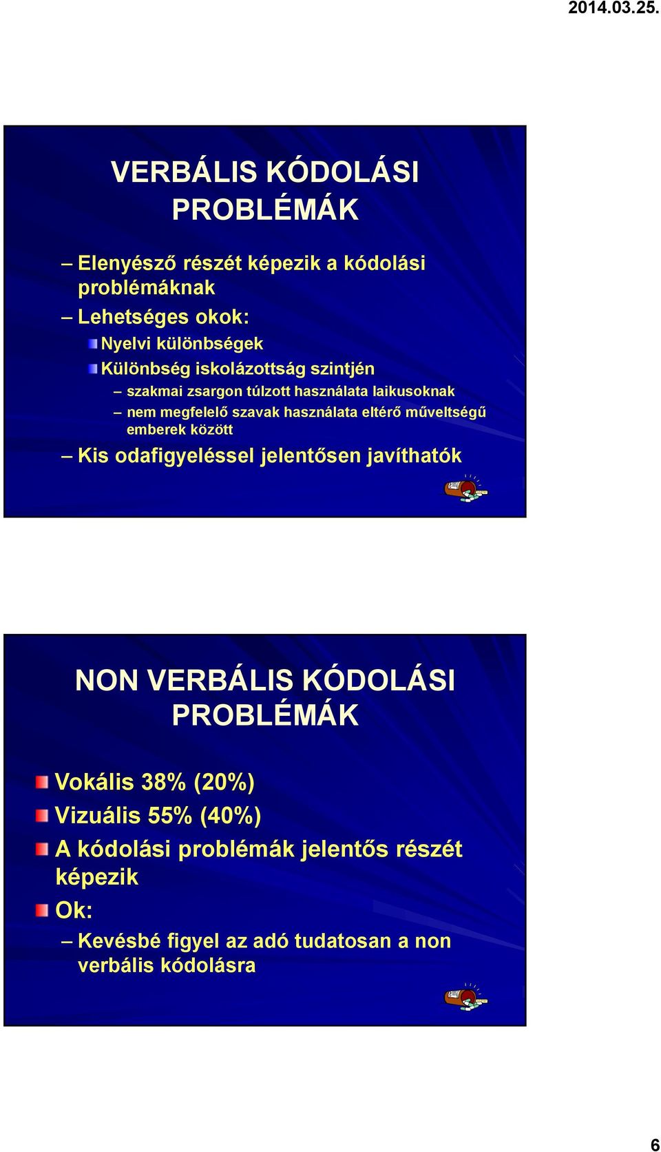 műveltségű emberek között Kis odafigyeléssel jelentősen javíthatók NON VERBÁLIS KÓDOLÁSI PROBLÉMÁK Vokális 38% (20%)