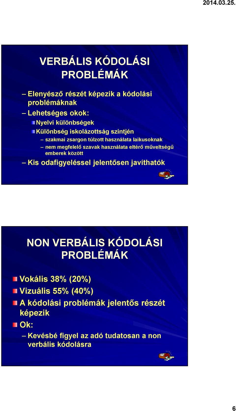 műveltségű emberek között Kis odafigyeléssel jelentősen javíthatók NON VERBÁLIS KÓDOLÁSI PROBLÉMÁK Vokális 38% (20%)