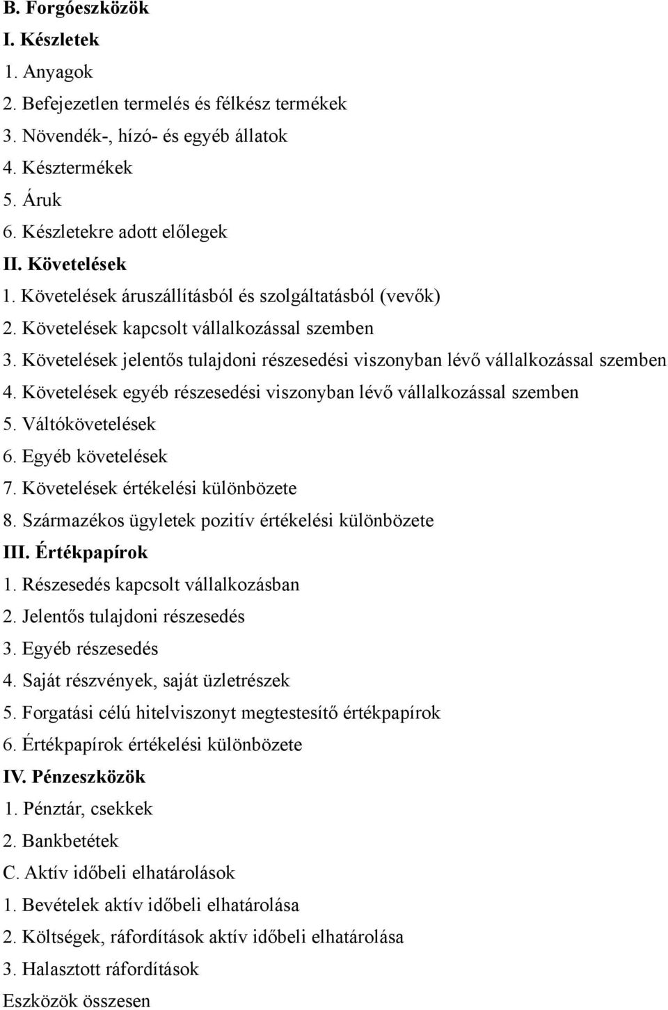 Követelések egyéb részesedési viszonyban lévő vállalkozással szemben 5. Váltókövetelések 6. Egyéb követelések 7. Követelések értékelési különbözete 8.