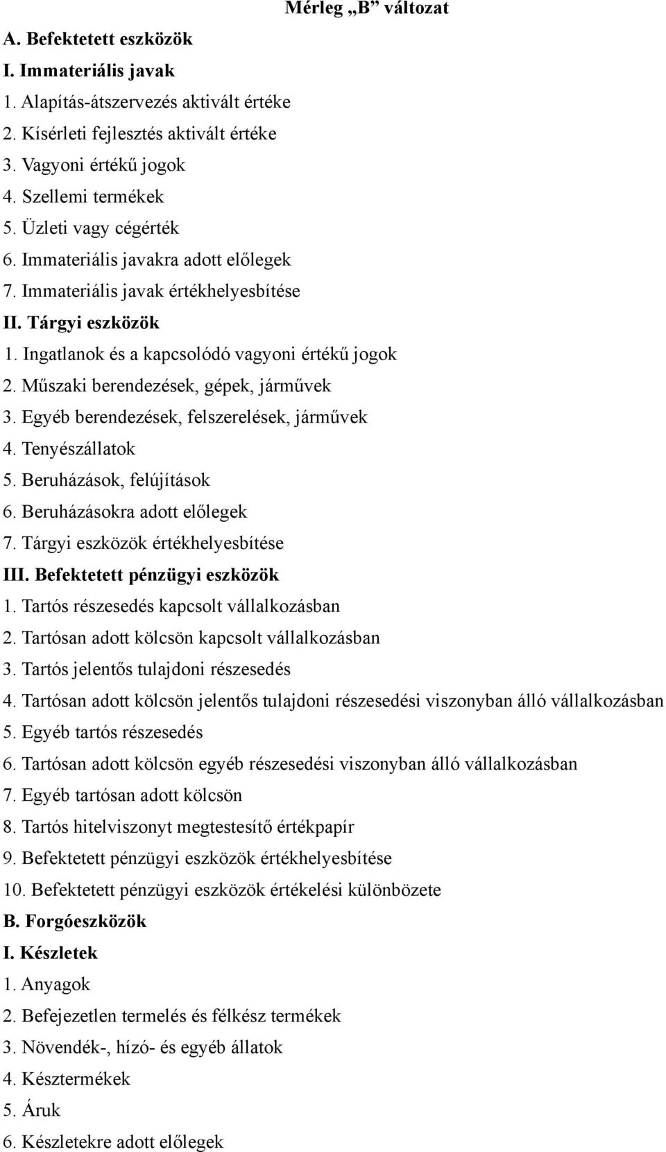 Műszaki berendezések, gépek, járművek 3. Egyéb berendezések, felszerelések, járművek 4. Tenyészállatok 5. Beruházások, felújítások 6. Beruházásokra adott előlegek 7.