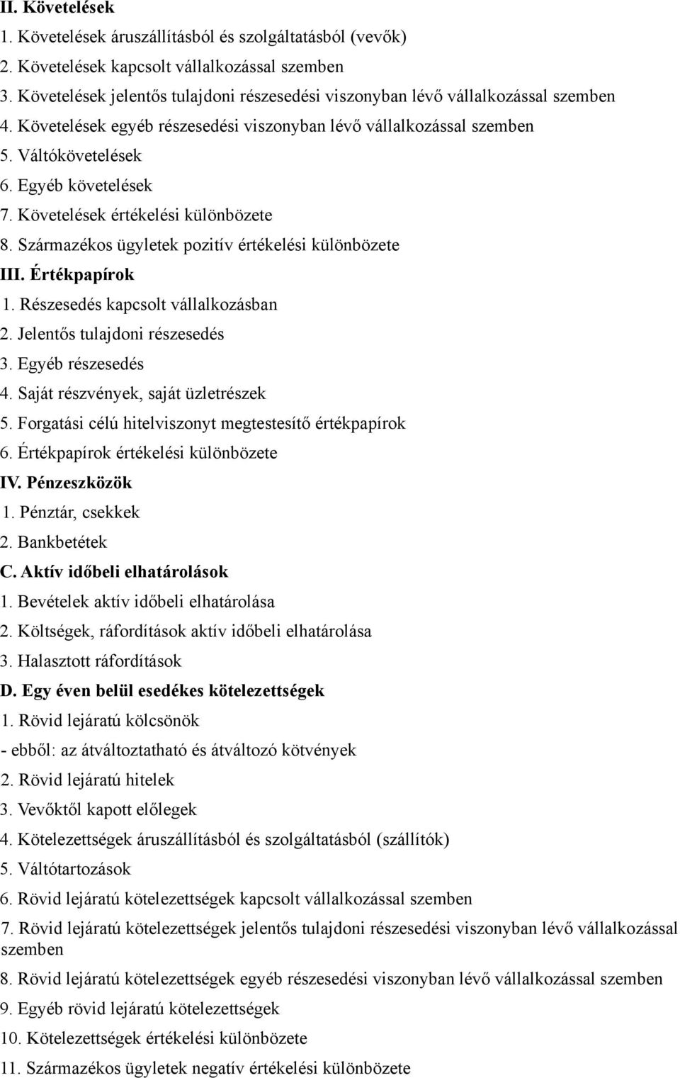 Követelések értékelési különbözete 8. Származékos ügyletek pozitív értékelési különbözete III. Értékpapírok 1. Részesedés kapcsolt vállalkozásban 2. Jelentős tulajdoni részesedés 3.