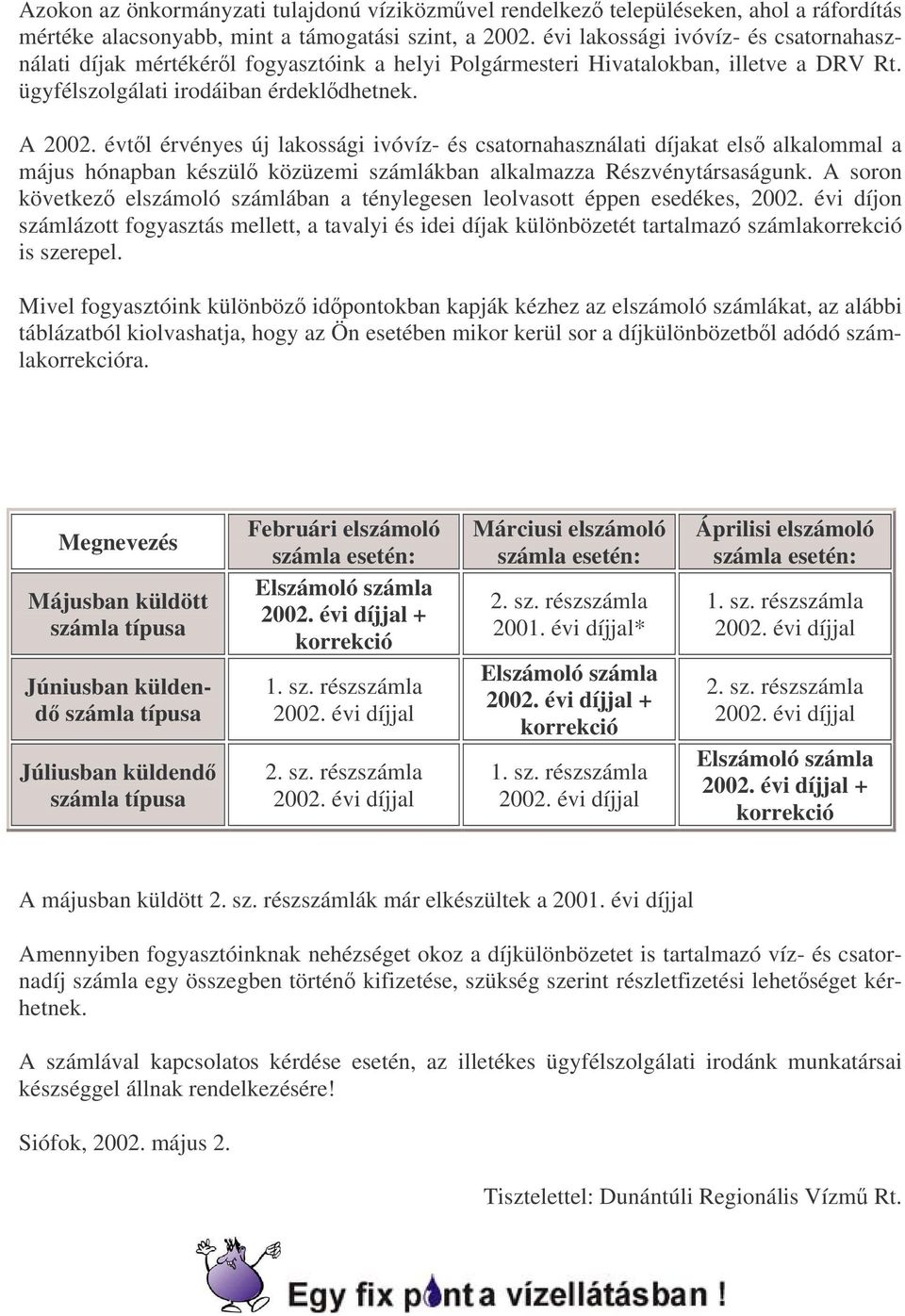 évtl érvényes új lakossági ivóvíz- és csatornahasználati díjakat els alkalommal a május hónapban készül közüzemi számlákban alkalmazza Részvénytársaságunk.