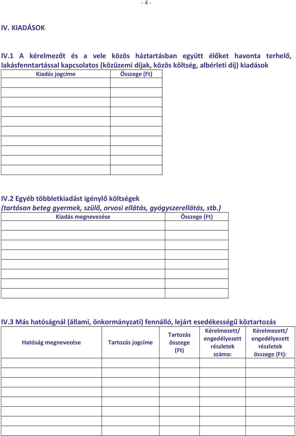 díj) kiadások Kiadás jogcíme Összege (Ft) IV.