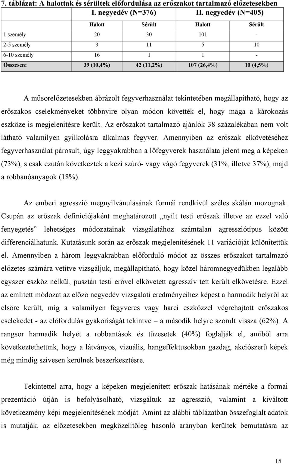 fegyverhasználat tekintetében megállapítható, hogy az erőszakos cselekményeket többnyire olyan módon követték el, hogy maga a károkozás eszköze is megjelenítésre került.