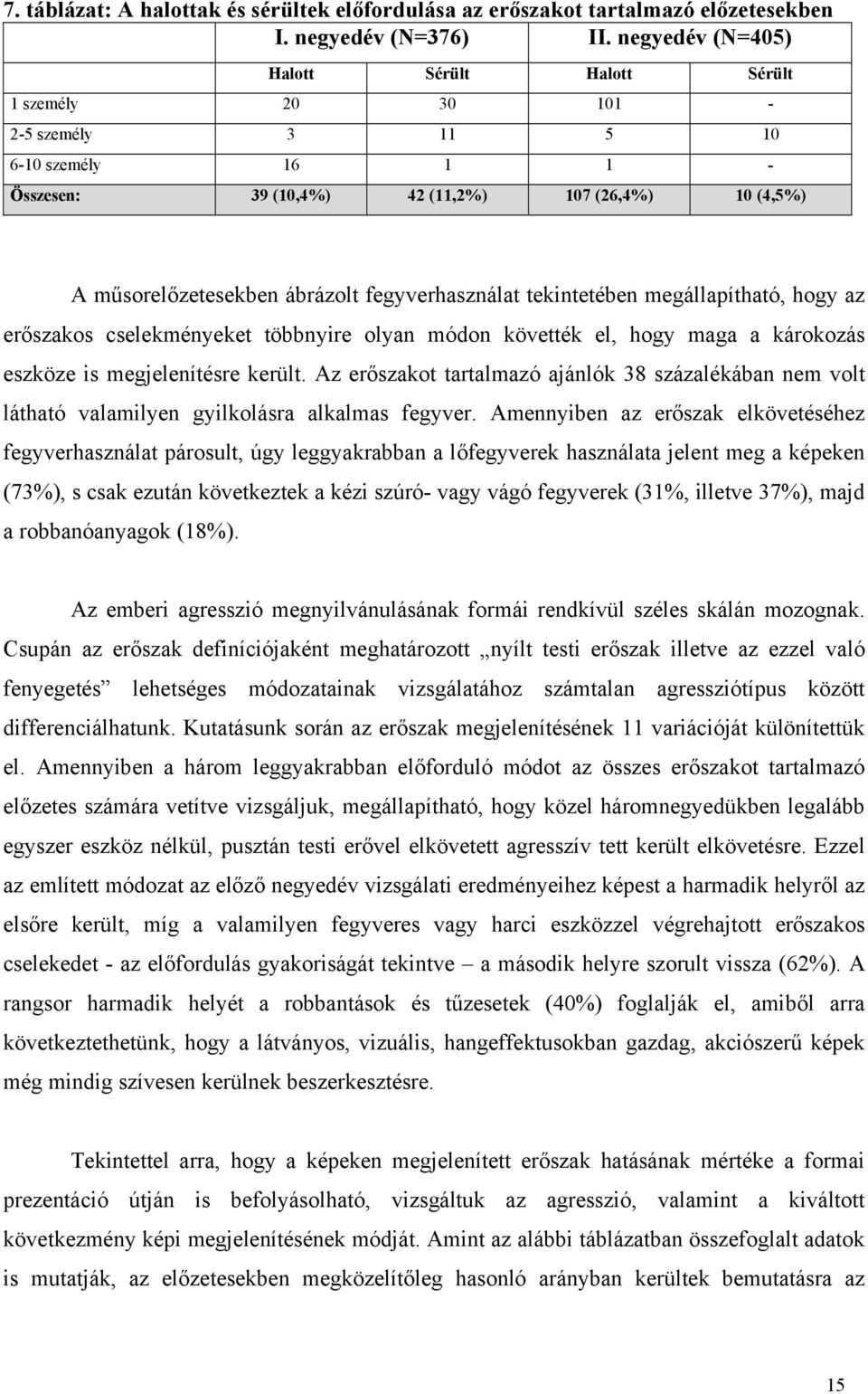 fegyverhasználat tekintetében megállapítható, hogy az erőszakos cselekményeket többnyire olyan módon követték el, hogy maga a károkozás eszköze is megjelenítésre került.