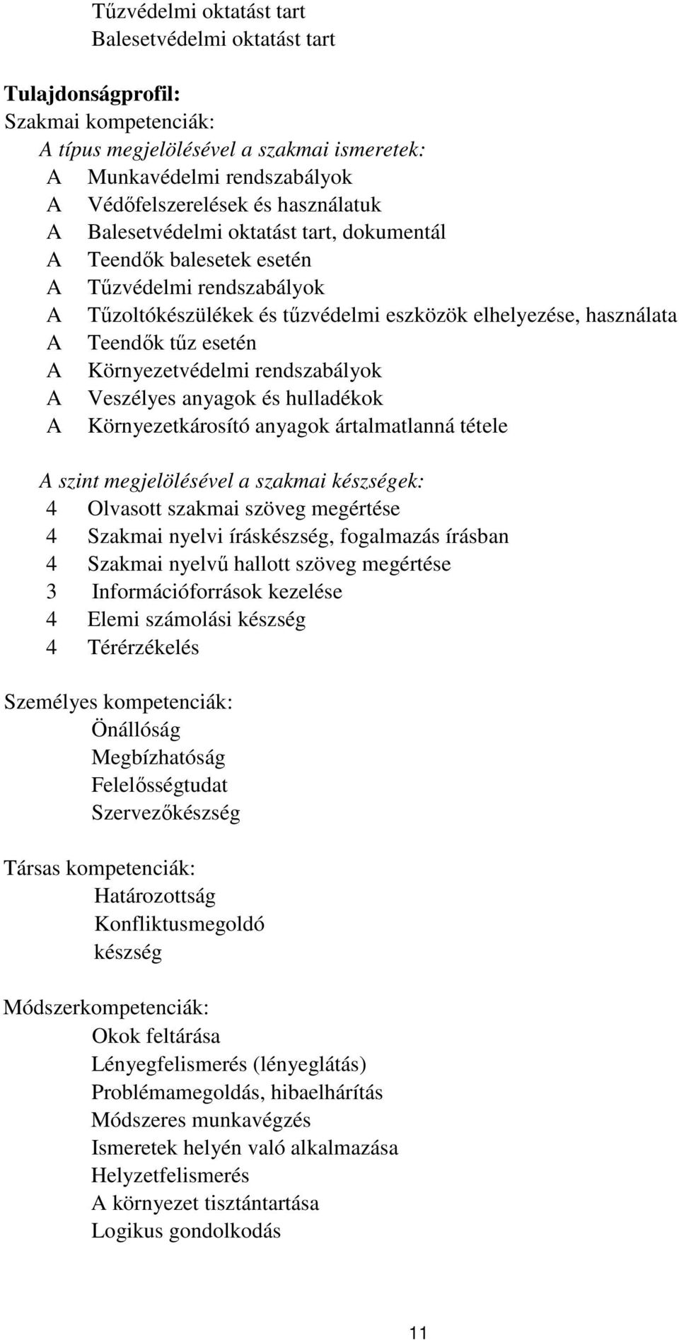 Környezetvédelmi rendszabályok A Veszélyes anyagok és hulladékok A Környezetkárosító anyagok ártalmatlanná tétele A szint megjelölésével a szakmai készségek: 4 Olvasott szakmai szöveg megértése 4