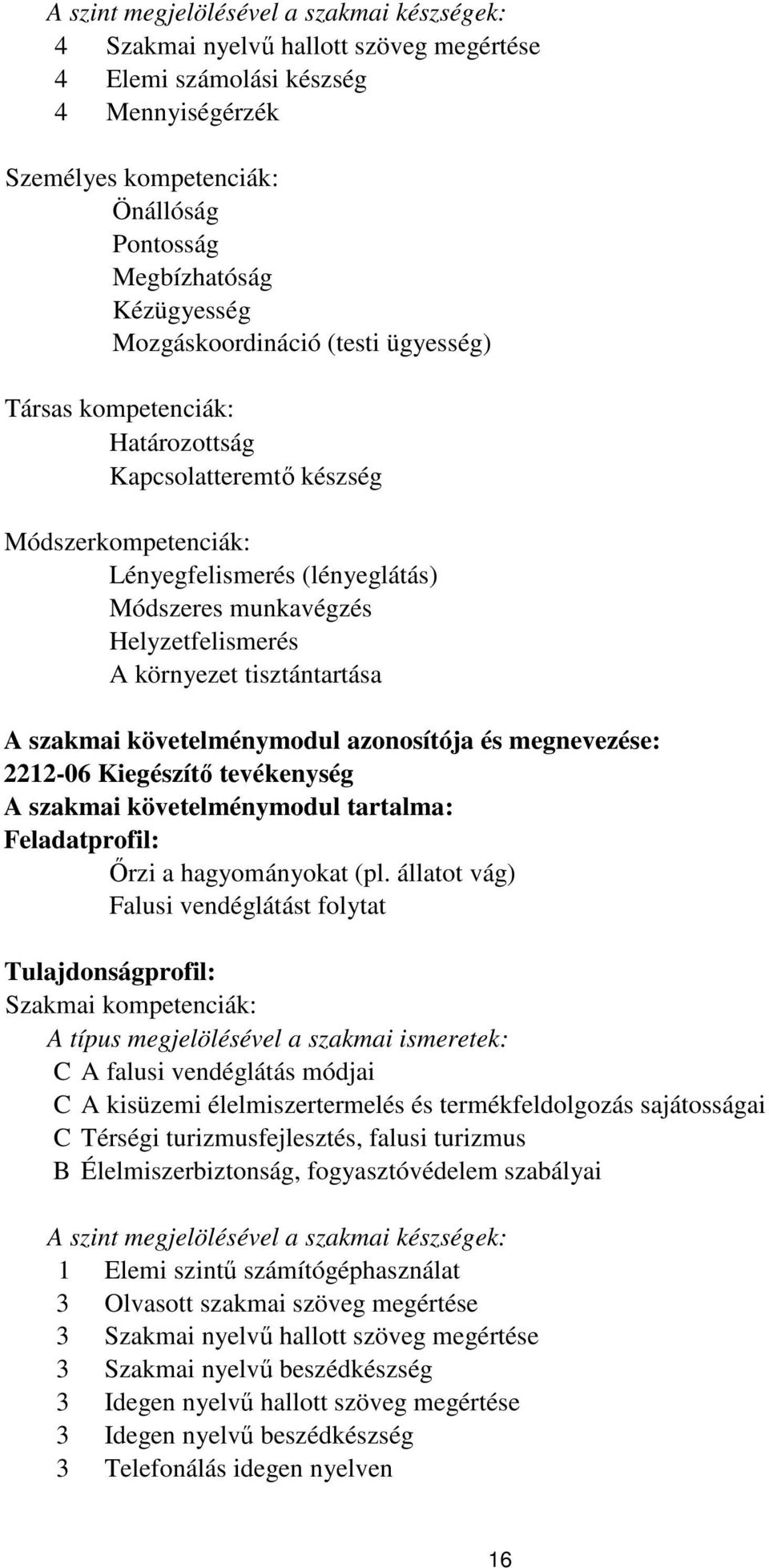 tisztántartása A szakmai követelménymodul azonosítója és megnevezése: 2212-06 Kiegészítő tevékenység A szakmai követelménymodul tartalma: Feladatprofil: Őrzi a hagyományokat (pl.