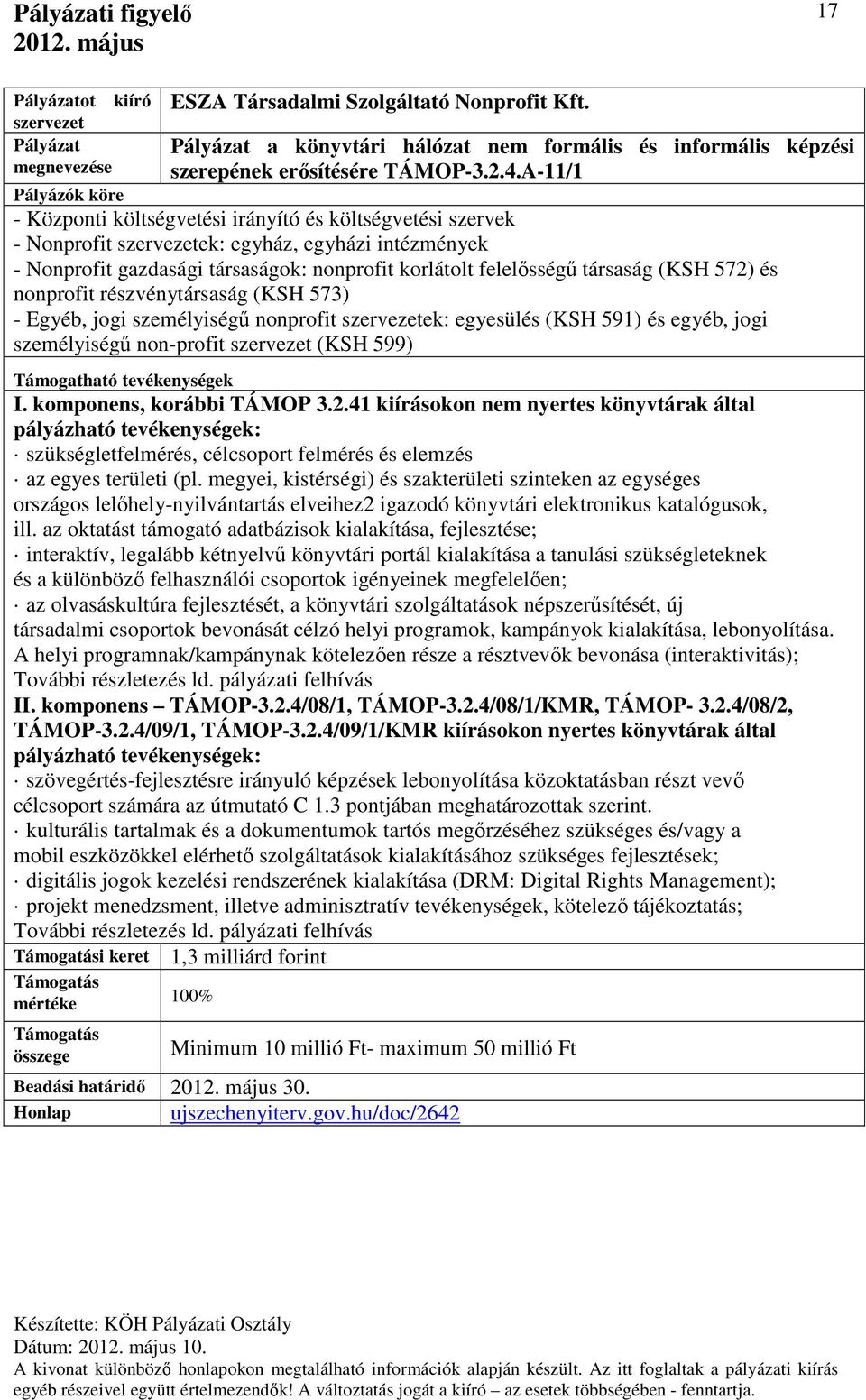 nonprofit részvénytársaság (KSH 573) - Egyéb, jogi személyiségű nonprofit ek: egyesülés (KSH 591) és egyéb, jogi személyiségű non-profit (KSH 599) I. komponens, korábbi TÁMOP 3.2.