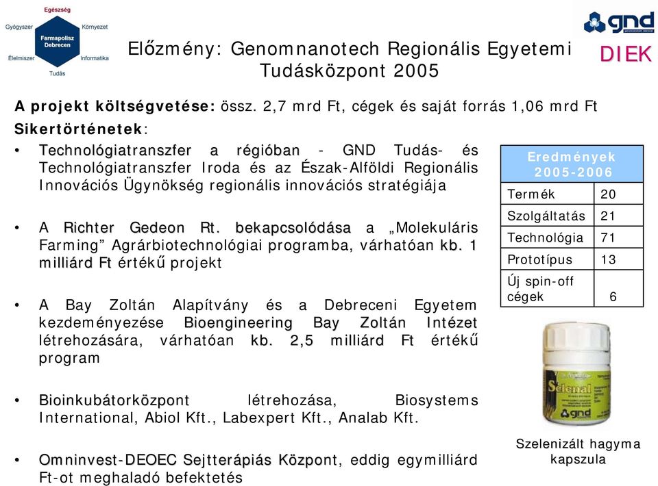 regionális innovációs stratégiája A Richter Gedeon Rt. bekapcsolódása sa a Molekuláris Farming Agrárbiotechnológiai programba, várhatóan kb.