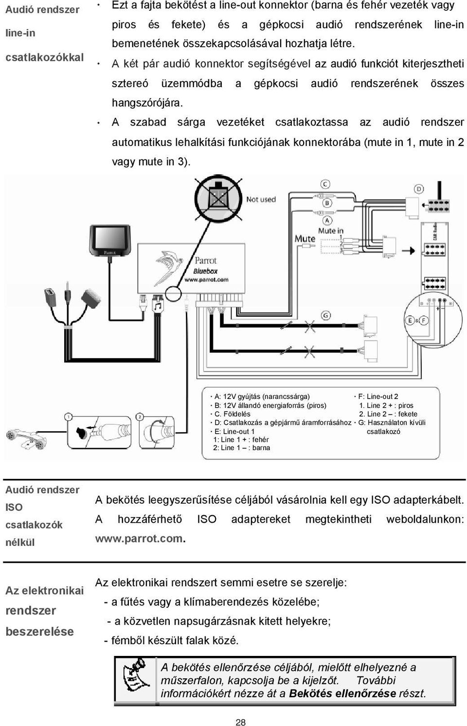 A szabad sárga vezetéket csatlakoztassa az audió rendszer automatikus lehalkítási funkciójának konnektorába (mute in 1, mute in 2 vagy mute in 3).