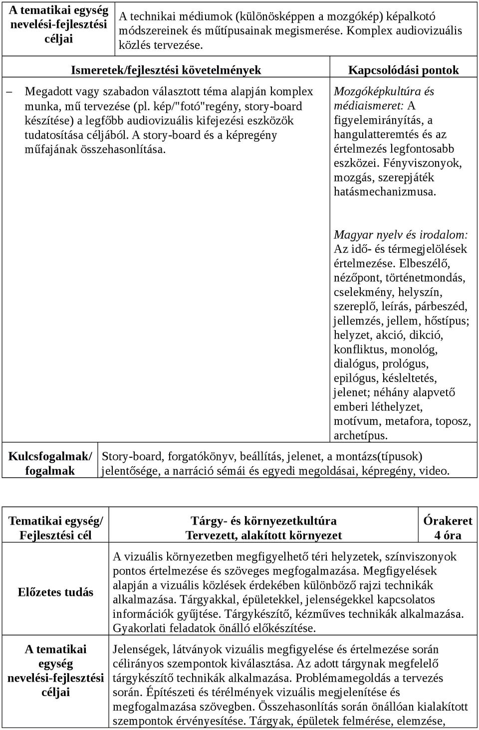 A story-board és a képregény műfajának összehasonlítása. Mozgóképkultúra és médiaismeret: A figyelemirányítás, a hangulatteremtés és az értelmezés legfontosabb eszközei.