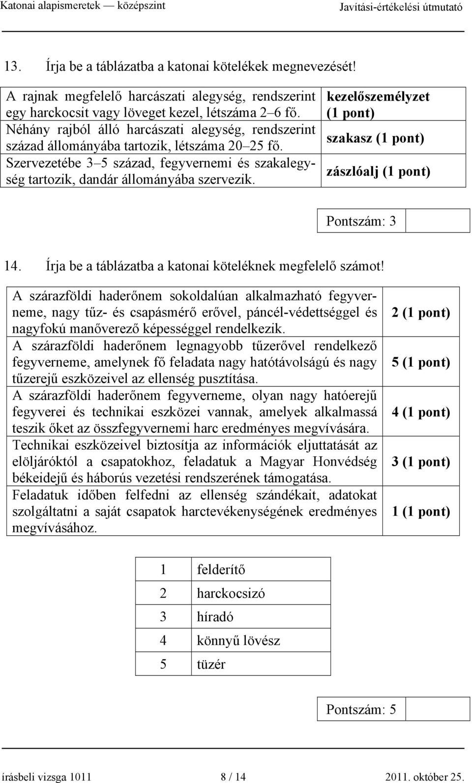 kezelőszemélyzet szakasz zászlóalj 14. Írja be a táblázatba a katonai köteléknek megfelelő számot!