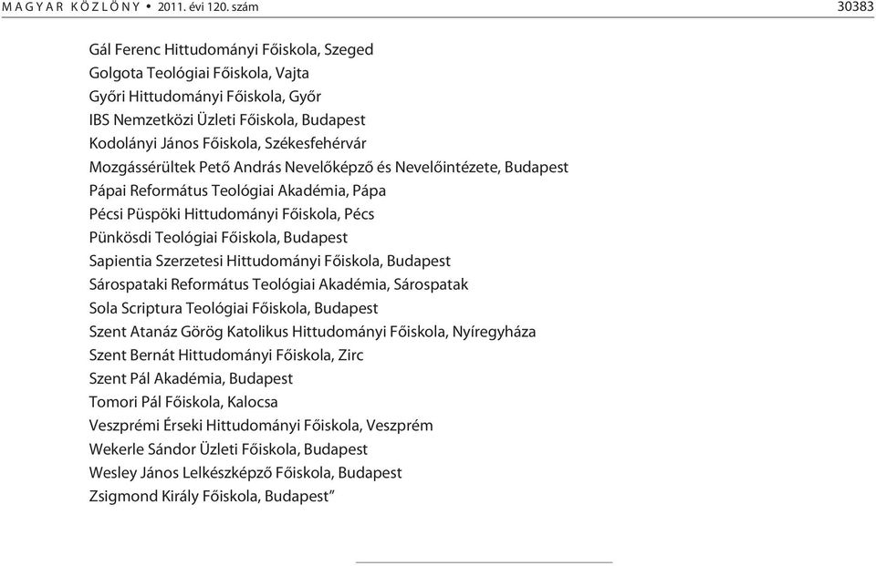 Székesfehérvár Mozgássérültek Petõ András Nevelõképzõ és Nevelõintézete, Budapest Pápai Református Teológiai Akadémia, Pápa Pécsi Püspöki Hittudományi Fõiskola, Pécs Pünkösdi Teológiai Fõiskola,