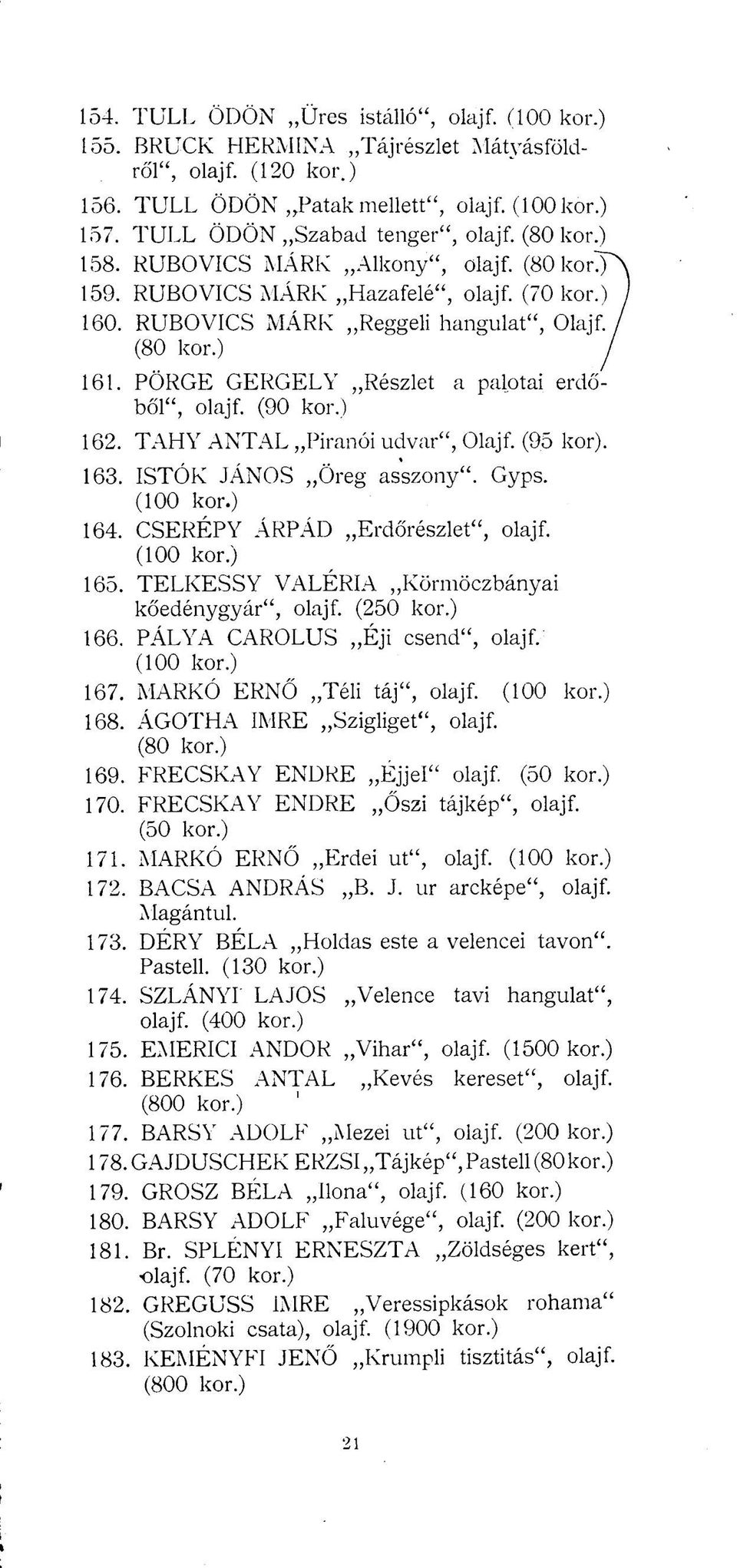 TAHY ANTAL Piranói udvar", Olajf. (95 kor). 163. ISTÓK JÁNOS Öreg asszony". Gyps. (100 164. CSERÉPY ÁRPÁD Erdőrészlet", olajf. (100 165. TELKESSY VALÉRIA Körmöczbányai kőedénygyár", olajf. (250 166.