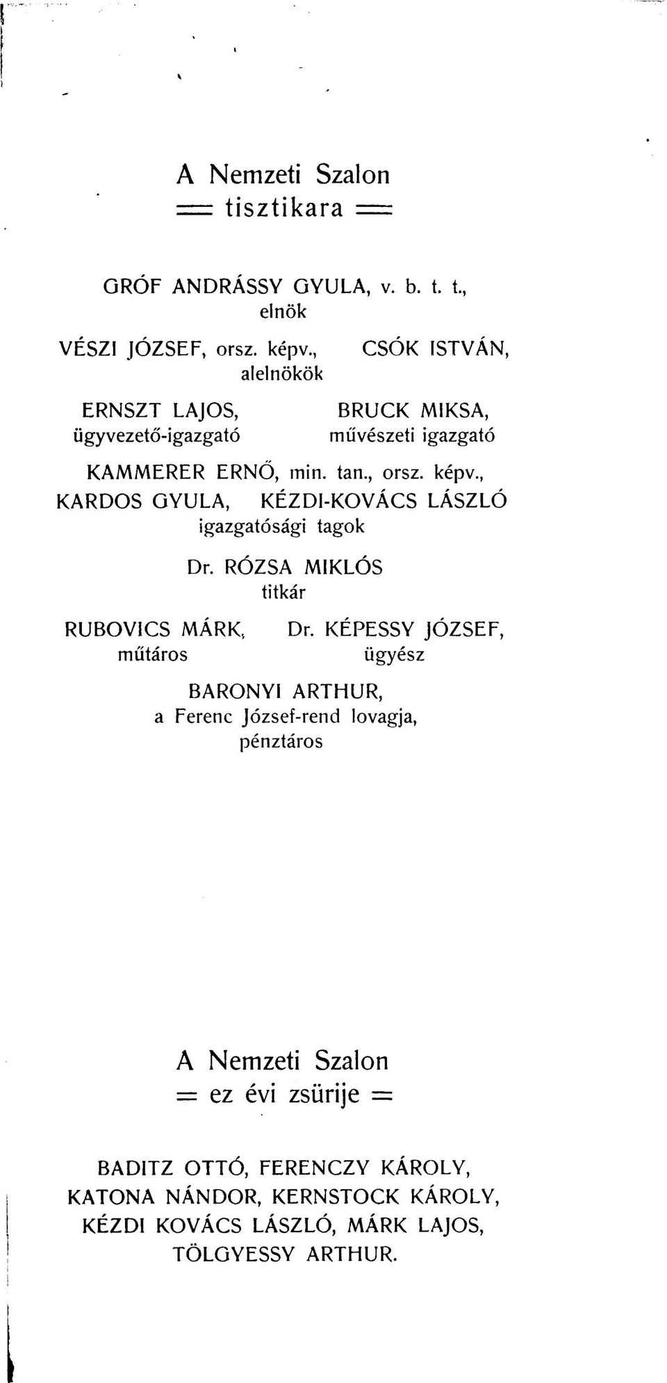 , KARDOS GYULA, KÉZDI-KOVÁCS LÁSZLÓ igazgatósági tagok Dr. RÓZSA MIKLÓS titkár RUBOVICS MÁRK., műtáros Dr.