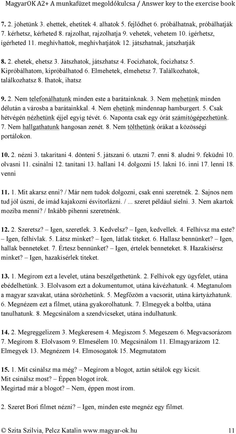 Találkozhatok, találkozhatsz 8. Ihatok, ihatsz 9. 2. Nem telefonálhatunk minden este a barátainknak. 3. Nem mehetünk minden délután a városba a barátainkkal. 4. Nem ehetünk mindennap hamburgert. 5.