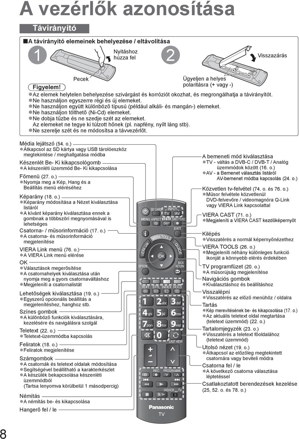 Ne használjon együtt különböző típusú (például alkáli- és mangán-) elemeket. Ne használjon tölthető (Ni-Cd) elemeket. Ne dobja tűzbe és ne szedje szét az elemeket.