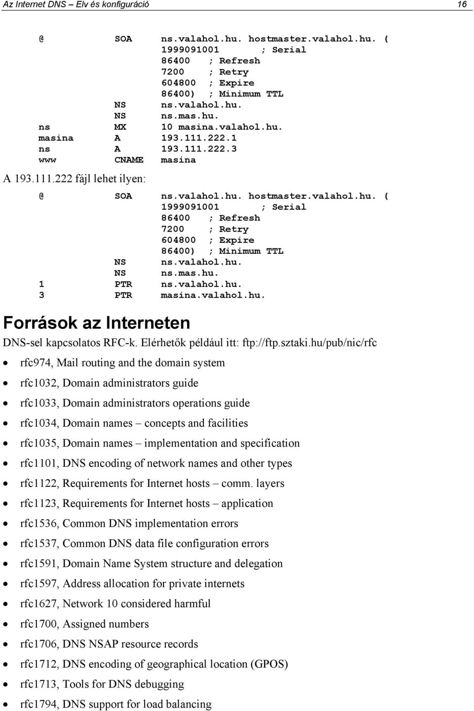 valahol.hu. NS ns.mas.hu. 1 PTR ns.valahol.hu. 3 PTR masina.valahol.hu. Források az Interneten DNS-sel kapcsolatos RFC-k. Elérhetık például itt: ftp://ftp.sztaki.