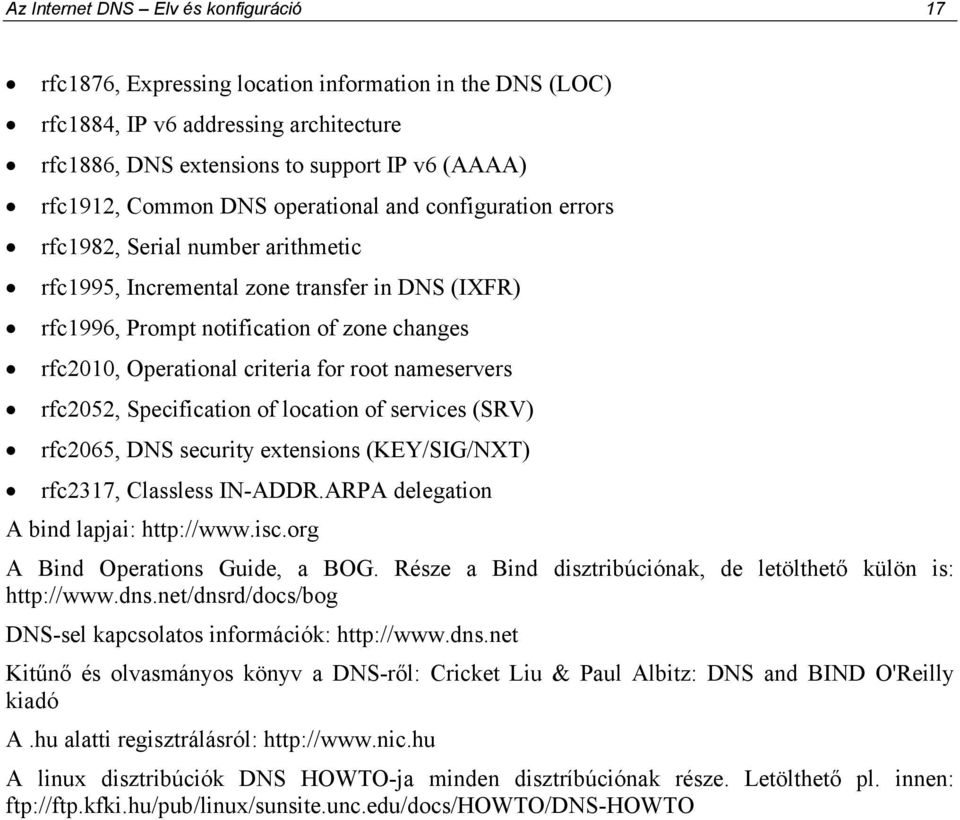 for root nameservers rfc2052, Specification of location of services (SRV) rfc2065, DNS security extensions (KEY/SIG/NXT) rfc2317, Classless IN-ADDR.ARPA delegation A bind lapjai: http://www.isc.