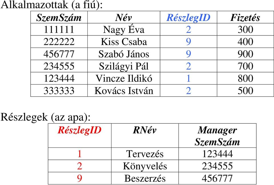 123444 Vincze Ildikó 1 800 333333 Kovács István 2 500 Részlegek (az apa):