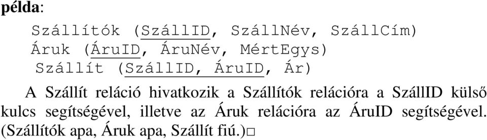 Szállítók relációra a SzállID küls kulcs segítségével, illetve az Áruk