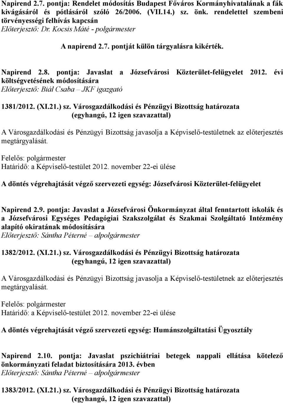 pontja: Javaslat a Józsefvárosi Közterület-felügyelet 2012. évi költségvetésének módosítására Előterjesztő: Biál Csaba JKF igazgató 1381/2012. (XI.21.) sz.